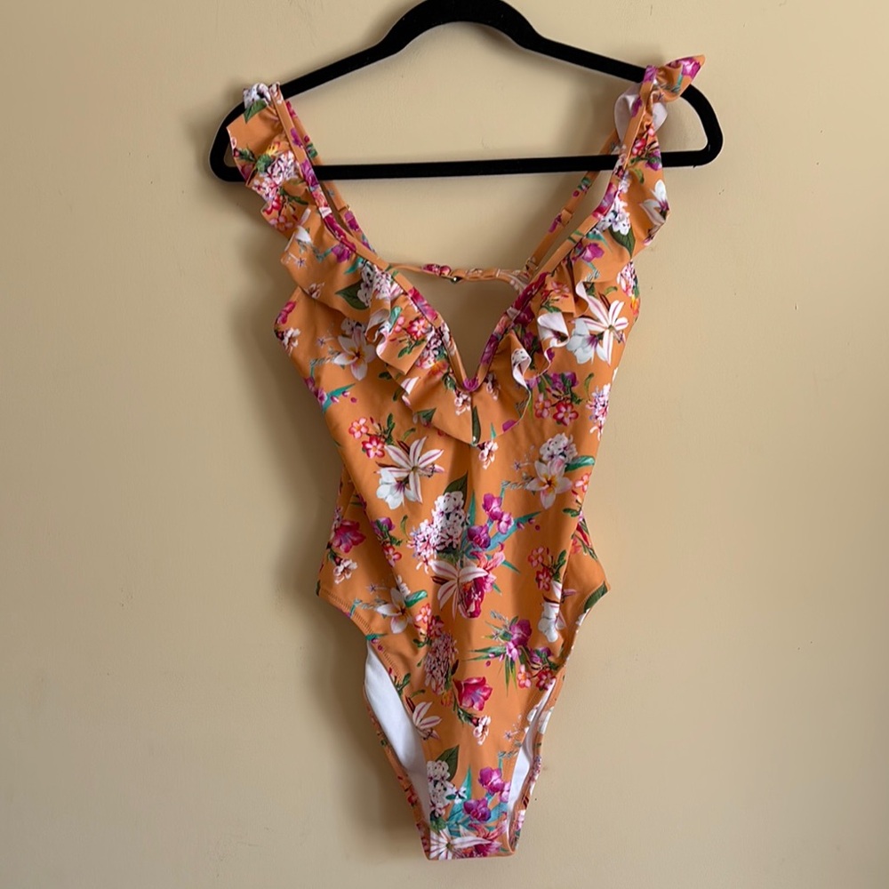 Express Swim Floral One Piece Open Back Swimsuit in Orange Size Medium